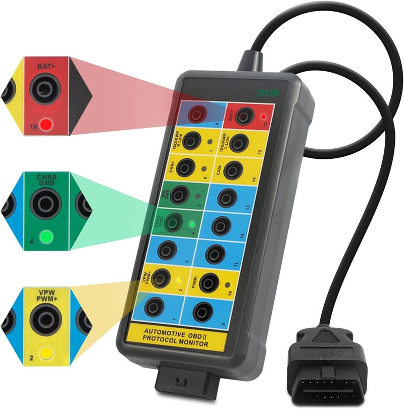 KAISAL صندوق توزيع OBD2 قوي - كاشف بروتوكول OBDII - كشف الاتصال/الطاقة/الأرضي - صندوق توزيع ذو 16 سنًا CAN للسيارات مع موصل ماسح OBD2، مقابس موز 4 مم، كابل بطول 35 بوصة - Image 1