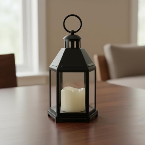 Coku LT-14 Vintage LED Lantern with Pillar Candle, Battery Operated Wall Hanging Lamp, Smokeless Flame Antique Glass Holder for Home Decor (Black, Pack 1) - Image 1