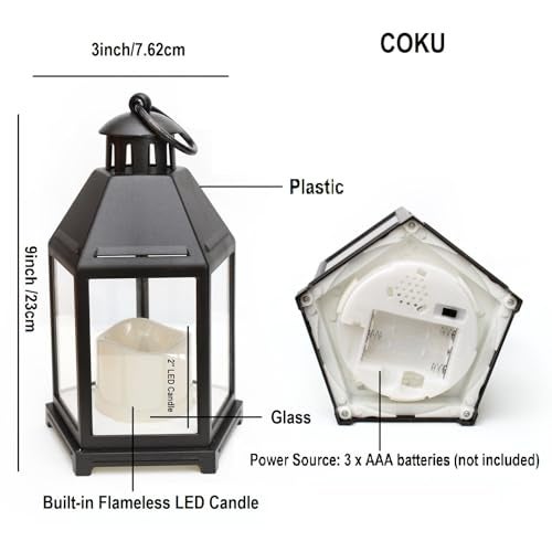 Coku LT-14 Vintage LED Lantern with Pillar Candle, Battery Operated Wall Hanging Lamp, Smokeless Flame Antique Glass Holder for Home Decor (Black, Pack 1) - Image 3