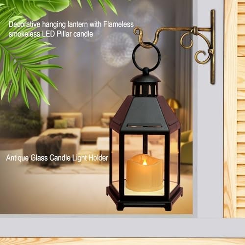 Coku LT-14 Vintage LED Lantern with Pillar Candle, Battery Operated Wall Hanging Lamp, Smokeless Flame Antique Glass Holder for Home Decor (Black, Pack 1) - Image 2