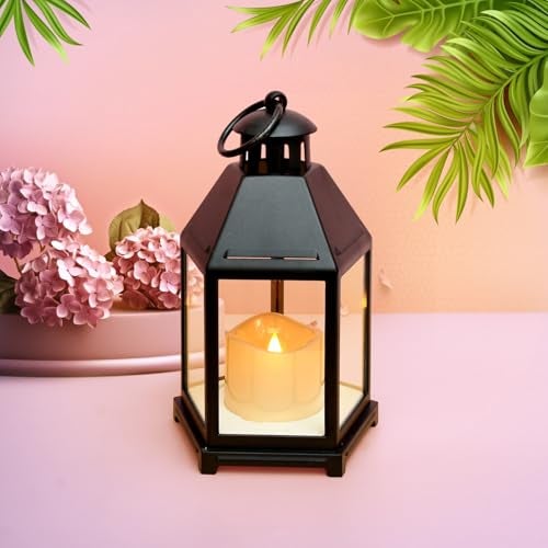 Coku LT-14 Vintage LED Lantern with Pillar Candle, Battery Operated Wall Hanging Lamp, Smokeless Flame Antique Glass Holder for Home Decor (Black, Pack 1) - Image 4