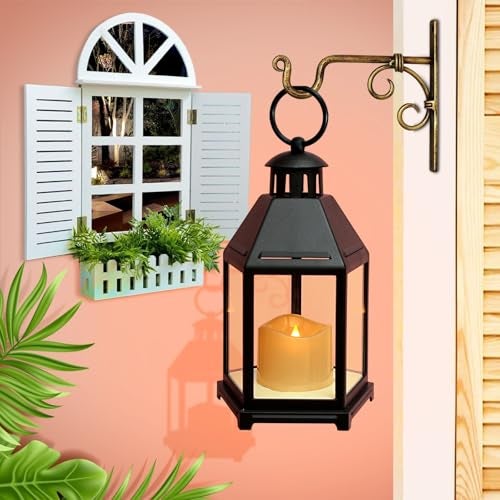 Coku LT-14 Vintage LED Lantern with Pillar Candle, Battery Operated Wall Hanging Lamp, Smokeless Flame Antique Glass Holder for Home Decor (Black, Pack 1) - Image 5