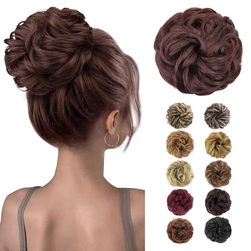 MORICA 1PCS Messy Hair Bun Hair Scrunchies Extension Curly Wavy Synthetic Chignon Hairpieces for Women 33 Dark Auburn