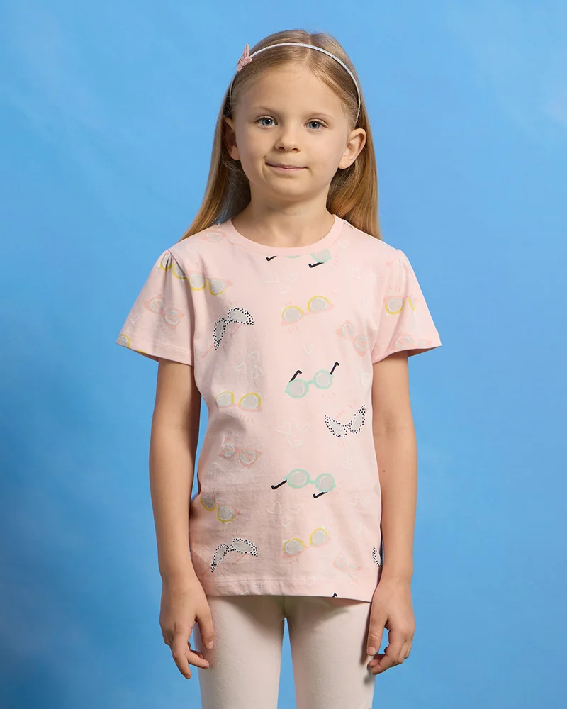 Redtag Girls Pink Sunglasses Print T-Shirt