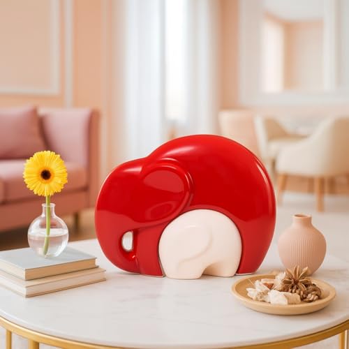 SRJANA Home Décor Lucky Charm Elephant Mother & Child | Piano Finish Ceramic Figures - (Set of 2 Piece, Red and White) - Image 1