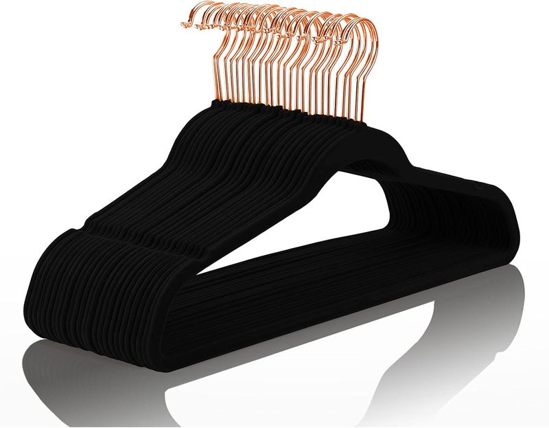 MIZGI Premium Velvet Hangers (50 Pack) Heavy Duty - Non Slip Felt Hangers - Velvet Suit Hangers Black - Rose Gold Hooks,Space Saving Clothes Hangers, One Size - Image 1