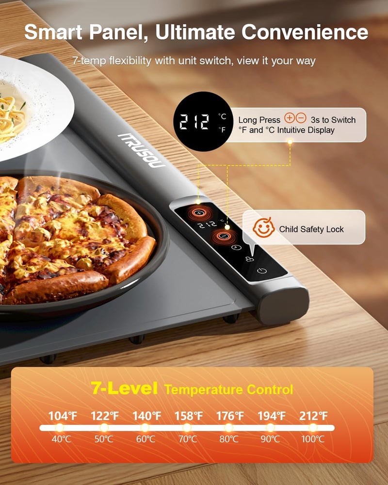 itrusou Food Warming Mat 25.2x16 – Extendable Roll-Up Electric Warming Tray with 7 Temp Settings, 99H Timer, Switchable℃/℉, Interlocking Expansion Design, Ideal for Buffet Parties Chafing Dishes - Image 2