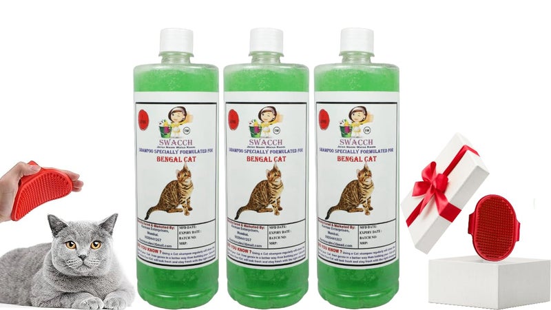 Swacch Bengal Cat Shampoo -1 Litre (Pack of 3) (Neem Alovera) + Bath Brush with Adjustable Straps Combo Pack - Image 1