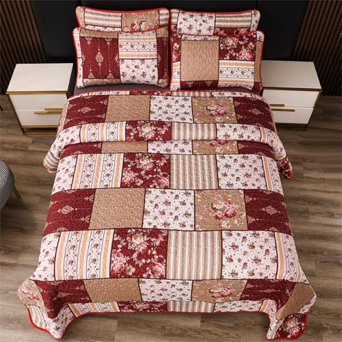 YASMENG 3 Pieces Floral Plaid Patchwork Bedding Quilt Set King Red Brown White Plaid Patchwork with Peony Flower Quilted Bedspread Coverlet Set Soft Lightweight Microfiber Bed Cover Set for All Seasons - Image 3