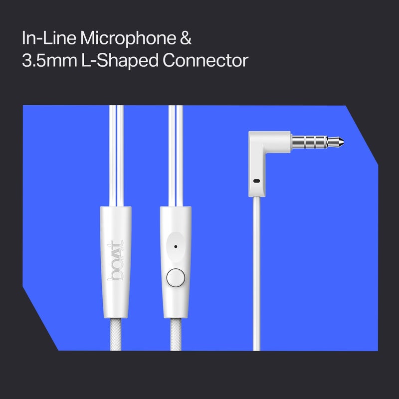 boAt 2025 Launch Bassheads 213L, 10mm Drivers, Signature Sound, in-Line Microphone, Integrated Controls, 3.5mm L-Shaped Connector & 120cm Braided Cable Wired Earphones with Mic (Active White) - Image 5