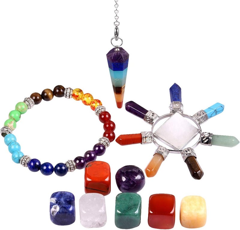 mookaitedecor 7 Chakra Crystals Healing Stones Kit / 10 Pc, Tumbled Stone Set, Rock Quartz Energy Generator, Elastic Bracelet & Pendulum for Reiki Balancing
