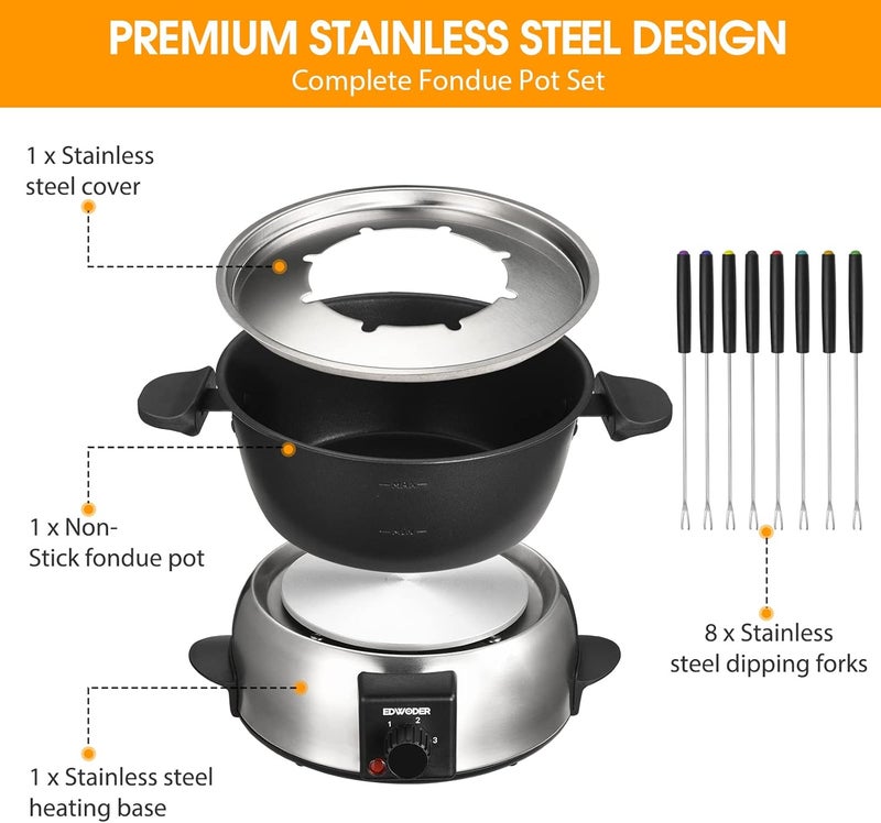 EDWODER Electric Fondue Pot Set,2-Quart 1000-Watt Non-Stick Fondue Maker with Temperature Control,8 Forks,Perfect for Chocolate, Cheese, Caramel - Image 3
