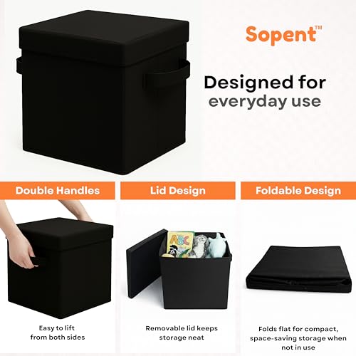 Sopent Fabric Storage Box and Organiser with Lid – Black 27x27x27cm, 20L | Foldable Storage Box for Clothes, Toys, Books, Files & Wardrobe - Image 3