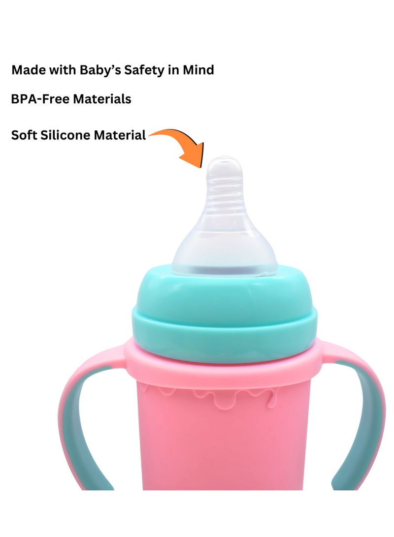 Twisoo Twisoo Glass Milk Bottle for Babies 3-in-1 - BPA-Free Feeding Bottle with Protective Silicone Case, Premium Glass, 220ml Thermos with 6-8 Hours Heat Retention (Pink) - Image 3