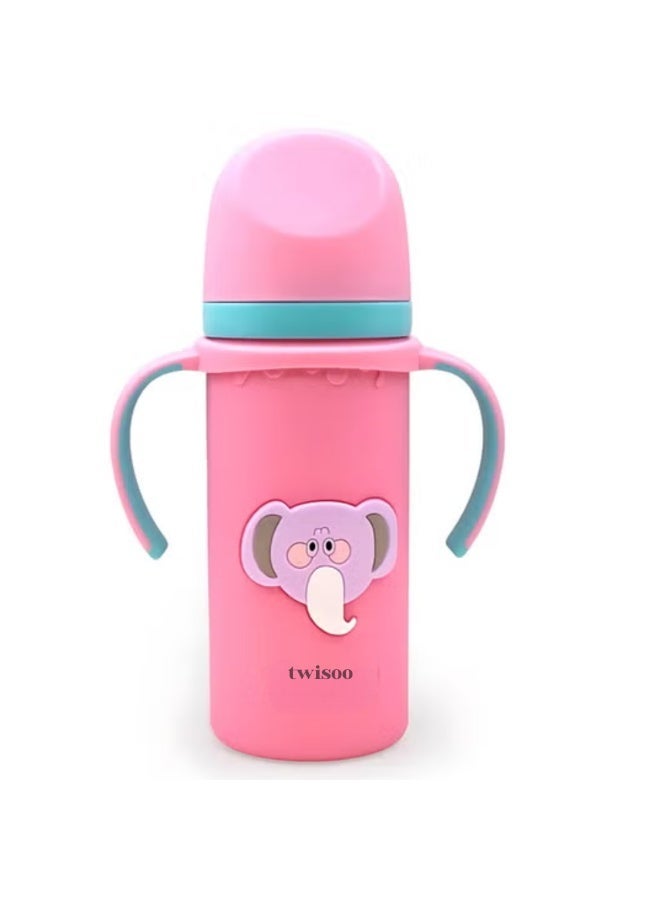 Twisoo Glass Milk Bottle for Babies 3-in-1 - BPA-Free Feeding Bottle with Protective Silicone Case, Premium Glass, 220ml Thermos with 6-8 Hours Heat Retention (Pink) - Image 1