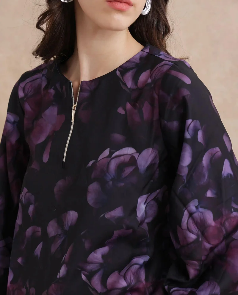 Rareism Women's Zipper Detail Top With Ruched Sleeve