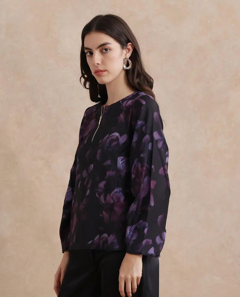 Rareism Women's Zipper Detail Top With Ruched Sleeve