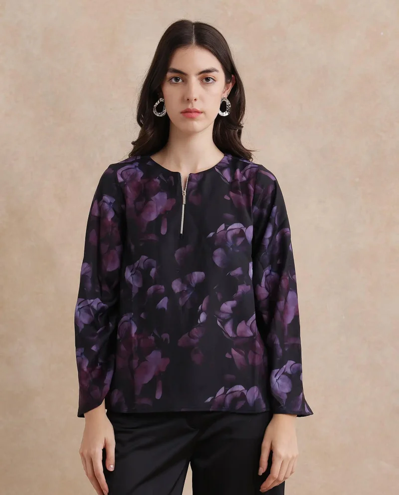 Rareism Women's Zipper Detail Top With Ruched Sleeve
