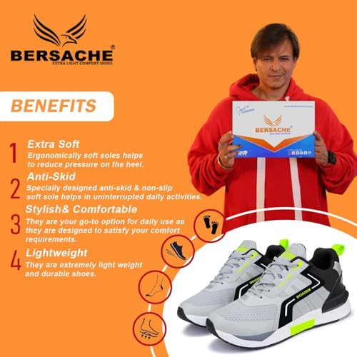 BERSACHE Men Premium Sports,Gym, Trending, Stylish Running Shoes (Grey), 9 UK - Image 2