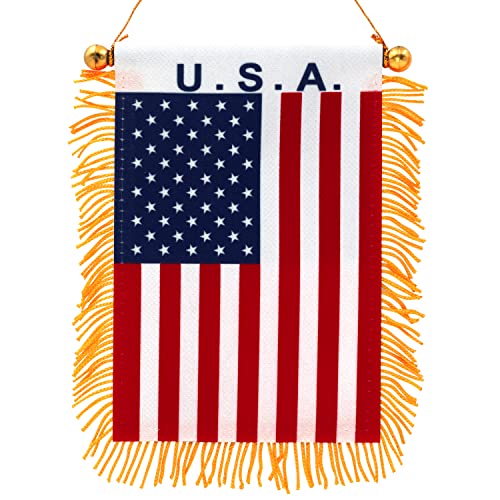 Anley 4 X 6 Inch American Fringy Window Hanging Flag Mini Flag Banner Car Rearview Mirror Dcor Fringed Double Sided US National Hanging Flag with Suction Cup - Image 1