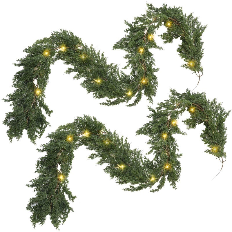 Jutom Jutom 2 Pack LED Christmas Cedar Garland Artificial Pine Cypress Vines with Light Christmas Garland with Lights for Christmas Table Mantle Background Wall Room Outdoor Indoor Winter Decoration 9 ft