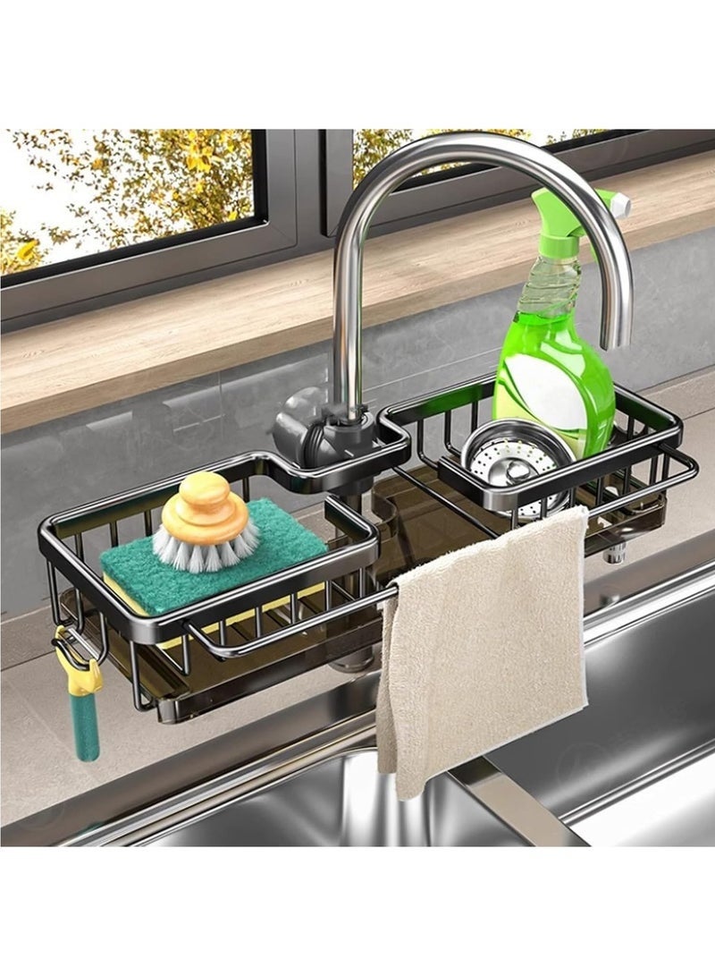 يلا جوي منظم حوض المطبخ، منظم حوض المطبخ حول الصنبور، حامل إسفنجة الحوض، رف منظم حوض المطبخ لأنابيب المياه المستديرة مقاس 0.7-1.1 بوصة (أسود، 2 في 1) - Image 1