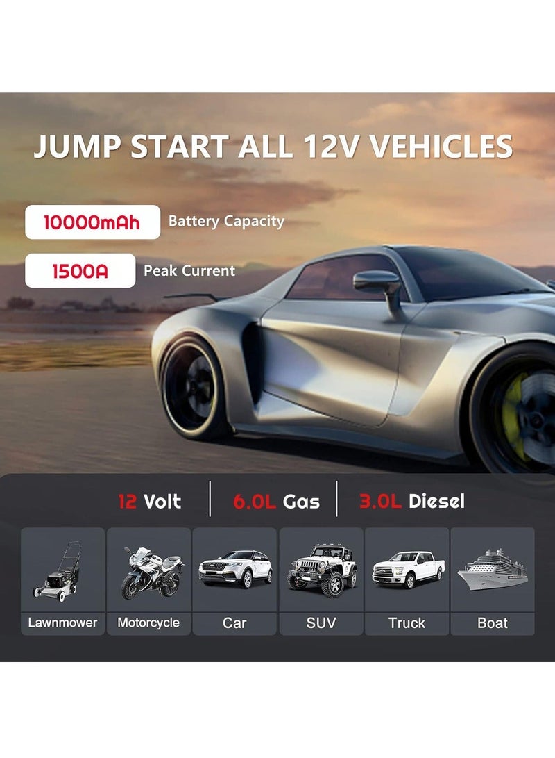 3 اكس ار جهاز محمول لتشغيل السيارات (Jump Starter) وبنك طاقة بجهد 12 فولت، سعة 10000 مللي أمبير في الساعة وتيار ذروة 1500 أمبير، مزود بمنفذ شحن USB؛ حل طوارئ لتشغيل السيارات وسيارات الدفع الرباعي والدراجات النارية والشاحنات والقوارب؛ جهاز مدمج وقابل لإعادة الشحن لتوفير طاقة احتياطية أثناء التنقل. - Image 4