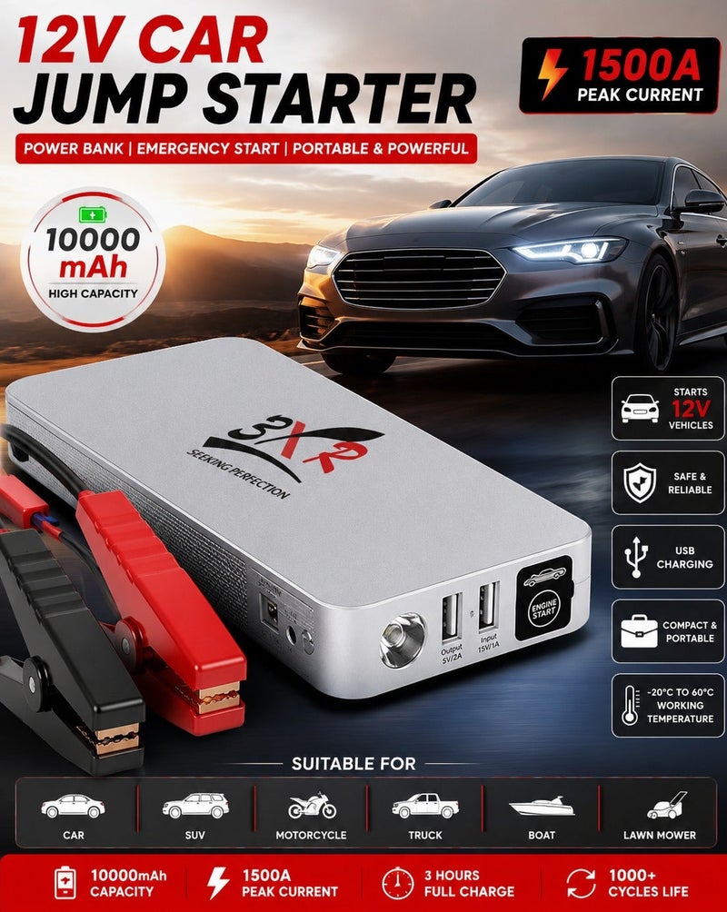 3 اكس ار جهاز محمول لتشغيل السيارات (Jump Starter) وبنك طاقة بجهد 12 فولت، سعة 10000 مللي أمبير في الساعة وتيار ذروة 1500 أمبير، مزود بمنفذ شحن USB؛ حل طوارئ لتشغيل السيارات وسيارات الدفع الرباعي والدراجات النارية والشاحنات والقوارب؛ جهاز مدمج وقابل لإعادة الشحن لتوفير طاقة احتياطية أثناء التنقل. - Image 2