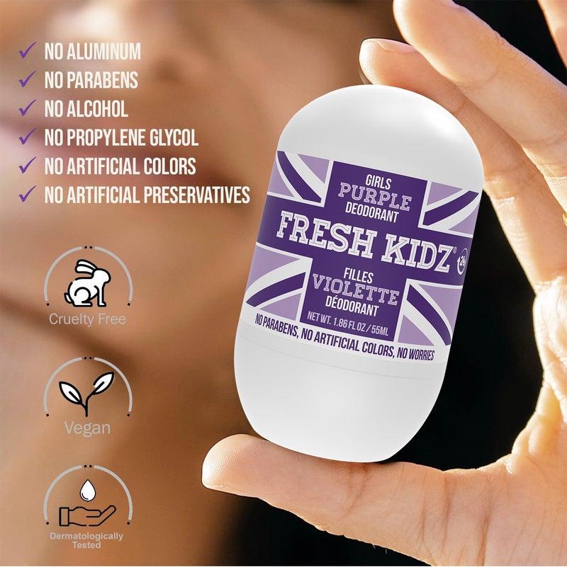 Fresh Kidz Roll On Deodorant for Kids and Teens - Baking Soda and Aluminum-free 24 Hour Protection for Sensitive Skin - Girls "Purple" 1.86 fl.oz. - Image 2