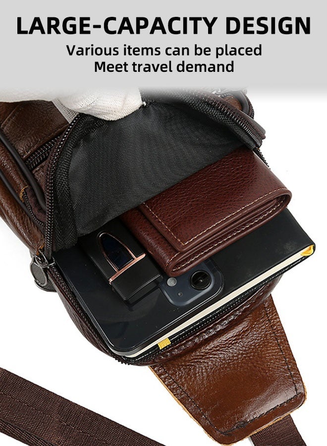 Men'S Crossbody Bag - Premium Genuine Leather Chest Bag - Waterproof Cowhide Mini Backpack With Adjustable Shoulder Strap Light Brown (21x14 Cm) - Image 3