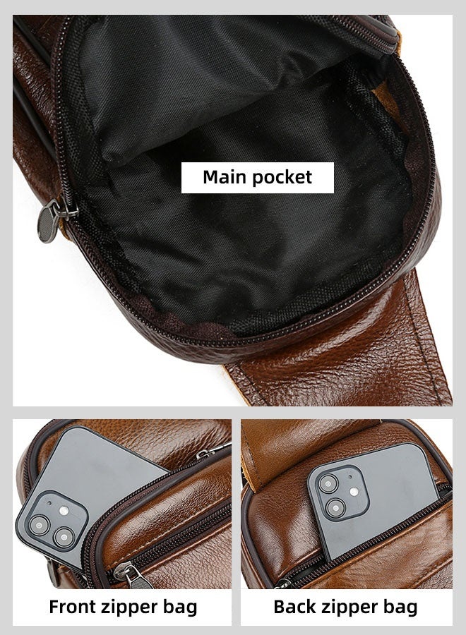 Men'S Crossbody Bag - Premium Genuine Leather Chest Bag - Waterproof Cowhide Mini Backpack With Adjustable Shoulder Strap Light Brown (21x14 Cm) - Image 4