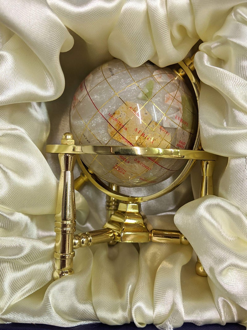 Unique Art Since 1996 Unique Art 6-Inch Tall Pearl Swirl Ocean Mini Table Top Gemstone World Globe with Gold Tripod - Image 2
