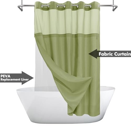 River Dream No Hook Slub Textured Shower Curtain with Snap-in PEVA Liner Set - 71" x 74"(72"), Hotel Style with See Through Top Window, Fabric Outer Curtain & Waterproof Inner Liner, Sage, 71x74 - Image 2