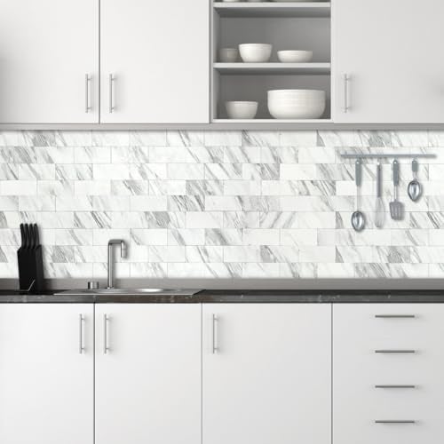 AULIGET 3" x 6" Subway Tile Peel and Stick Backsplash, Thick PVC Stick on Wall Tiles (100, White Marble) - Image 2