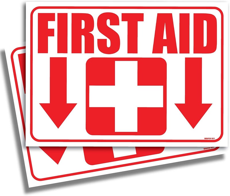 (2 Pack) First Aid Kit Sticker Sign Self Adhesive Decal 7"x10" for Office Warehouse or Business Emergency First Aid Kit Sign