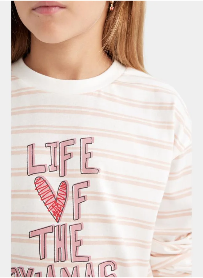 DeFacto Graphic Print Striped Long-Sleeve T-Shirt & Pyjama Set by Styli