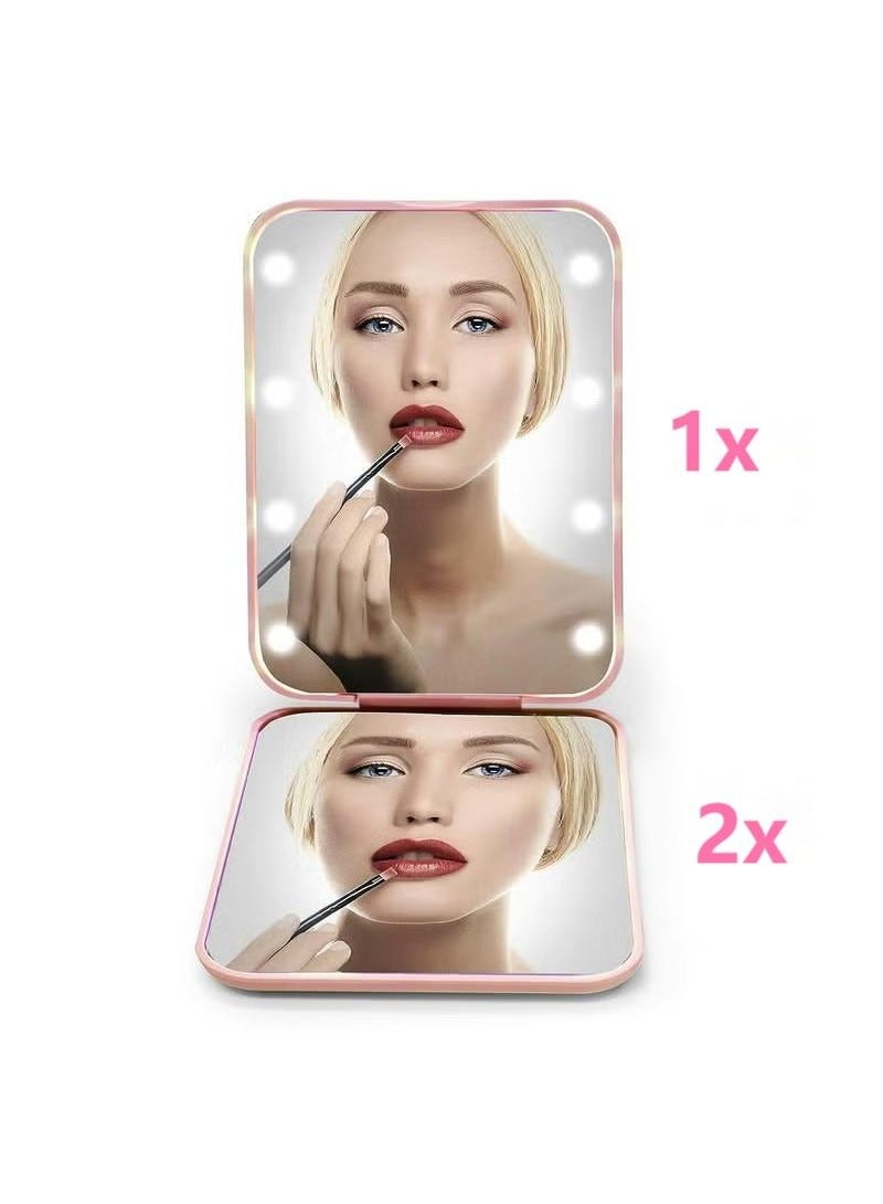 Pocket Mirror, 1X/2X Magnification LED Compact Travel Makeup Mirror With Light, 2-Sided, Portable, Folding, Handheld (Pink)  - Image 3