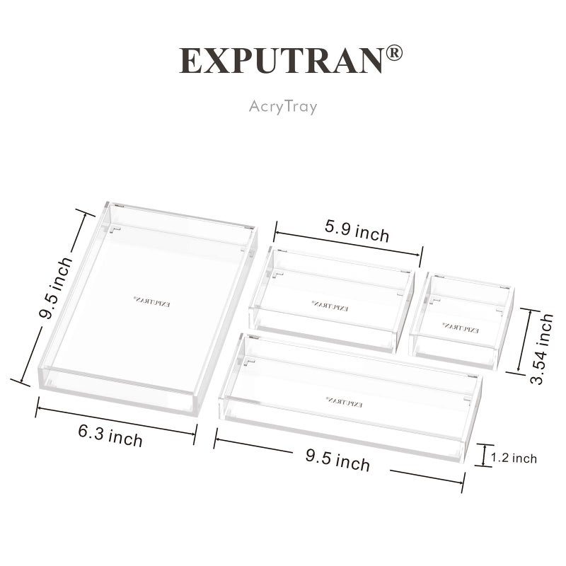 EXPUTRAN Clear Acrylic Desk Organizer for Office or Home Desk Drawer Dividers, Makeup Vanity Storage Bins, Stackable 4-Pack, Acrylic Accessory and Half Accessory Tray/Small Tray - Image 3