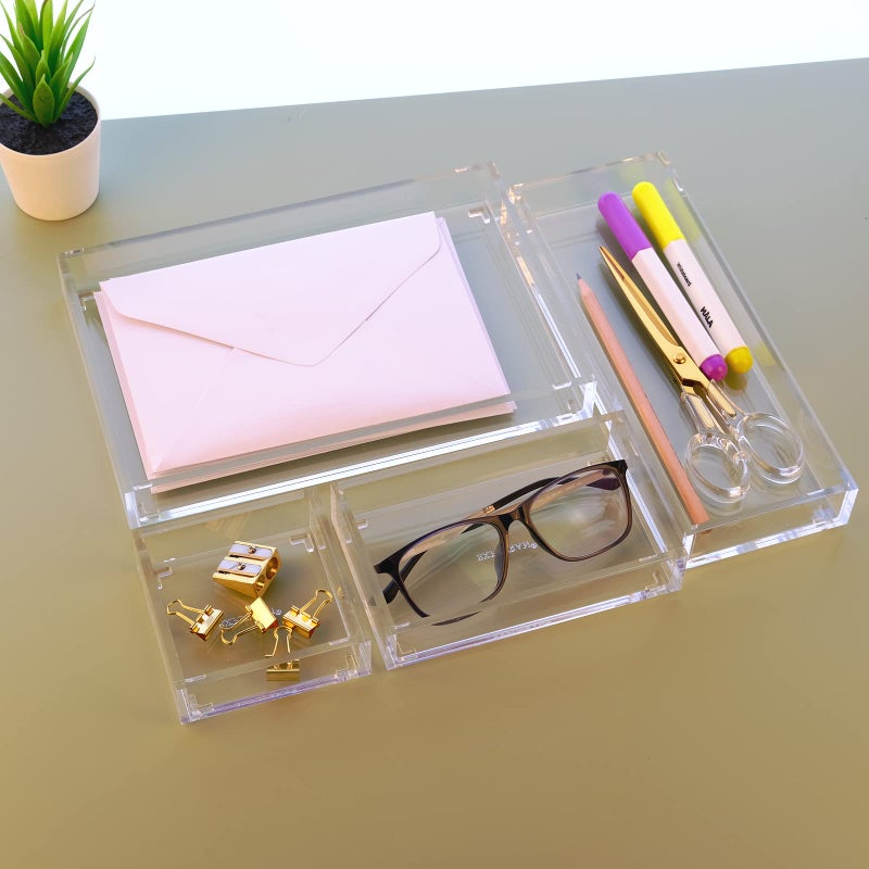 EXPUTRAN Clear Acrylic Desk Organizer for Office or Home Desk Drawer Dividers, Makeup Vanity Storage Bins, Stackable 4-Pack, Acrylic Accessory and Half Accessory Tray/Small Tray - Image 2