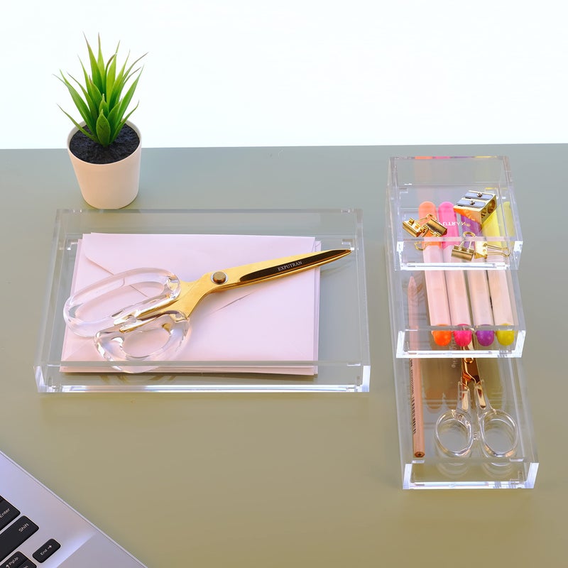 EXPUTRAN Clear Acrylic Desk Organizer for Office or Home Desk Drawer Dividers, Makeup Vanity Storage Bins, Stackable 4-Pack, Acrylic Accessory and Half Accessory Tray/Small Tray - Image 5
