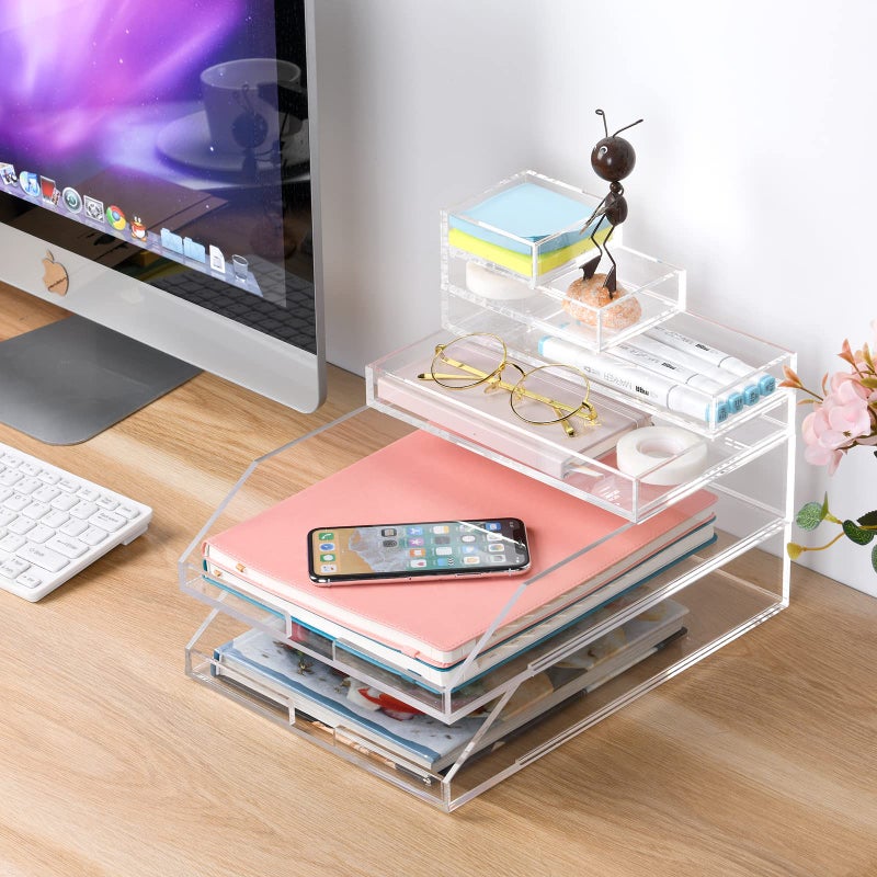 EXPUTRAN Clear Acrylic Desk Organizer for Office or Home Desk Drawer Dividers, Makeup Vanity Storage Bins, Stackable 4-Pack, Acrylic Accessory and Half Accessory Tray/Small Tray - Image 4