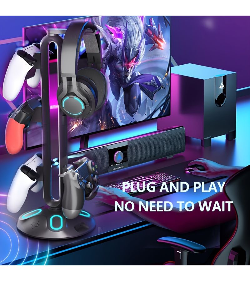 Gaming Headphone Stand And Controller Holder With 9 Light Modes 2 USB Ports 3 5mm And Type C Black Desk Accessory For Gamers PHY YXZJ 100 - Image 5