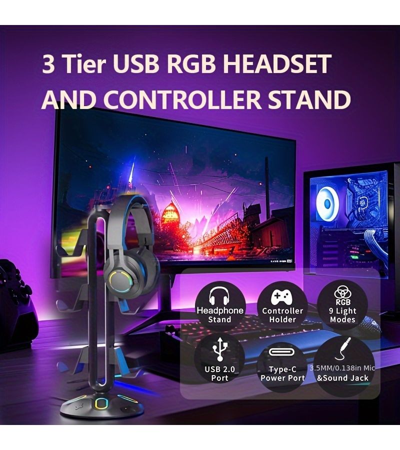 Gaming Headphone Stand And Controller Holder With 9 Light Modes 2 USB Ports 3 5mm And Type C Black Desk Accessory For Gamers PHY YXZJ 100 - Image 4