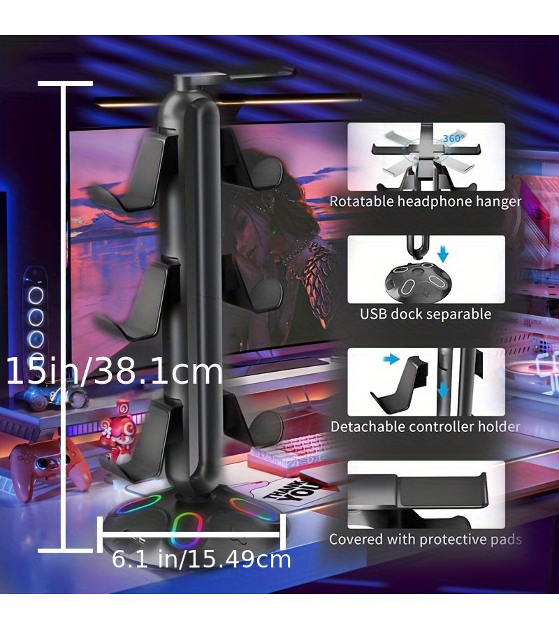 Gaming Headphone Stand And Controller Holder With 9 Light Modes 2 USB Ports 3 5mm And Type C Black Desk Accessory For Gamers PHY YXZJ 100 - Image 2
