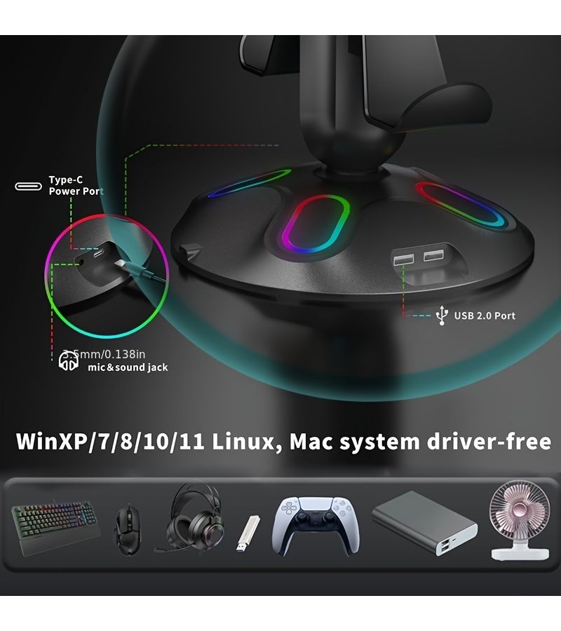 Gaming Headphone Stand And Controller Holder With 9 Light Modes 2 USB Ports 3 5mm And Type C Black Desk Accessory For Gamers PHY YXZJ 100 - Image 3
