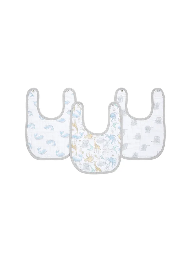 aden + anais Pack of 3 Essentials Snap Bib, 100% Cotton Muslin, Soft Absorbent 3 Layers, Adjustable, 13" X 9"