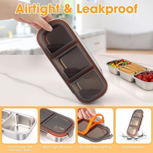 KitchEase Stainless Steel Insulated Airtight BPA Free Food Grade Lunch Box Unbreakable Lid, Snacks Tiffin Ideal for Kids, Adults (600ML, 3 Compartment, Black Lid) - Image 2