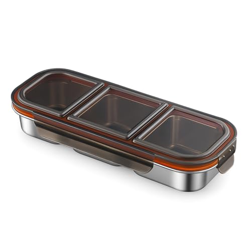 KitchEase Stainless Steel Insulated Airtight BPA Free Food Grade Lunch Box Unbreakable Lid, Snacks Tiffin Ideal for Kids, Adults (600ML, 3 Compartment, Black Lid) - Image 1