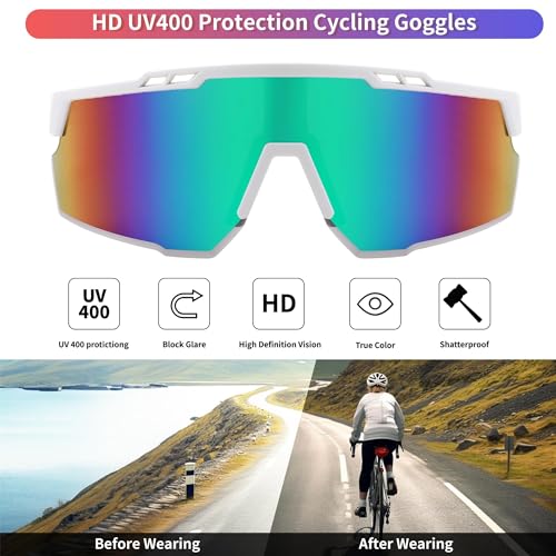 Karsaer Unisex Sports Mirrored Sunglasses For Men And Women, Uv400 Protection Cycling Goggles Golf Baseball Driving Fishing E1146, White Frame & Green Mirrored Lens, oversized - Image 3