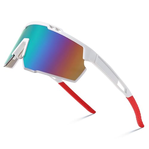 Karsaer Unisex Sports Mirrored Sunglasses For Men And Women, Uv400 Protection Cycling Goggles Golf Baseball Driving Fishing E1146, White Frame & Green Mirrored Lens, oversized - Image 1